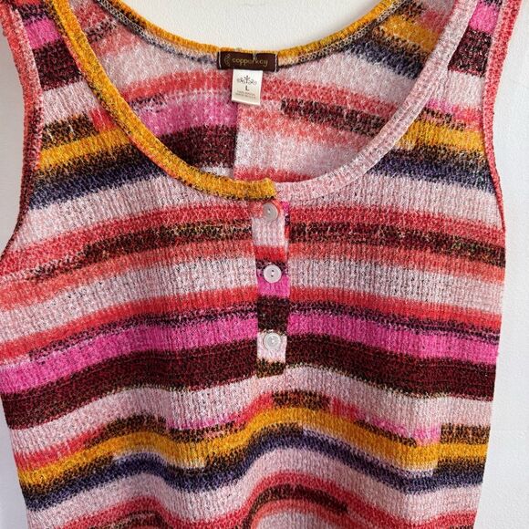 Womens COPPER KEY Sleeveless Top Striped Tank Buttons Colorful Stripes Large - Picture 2 of 8